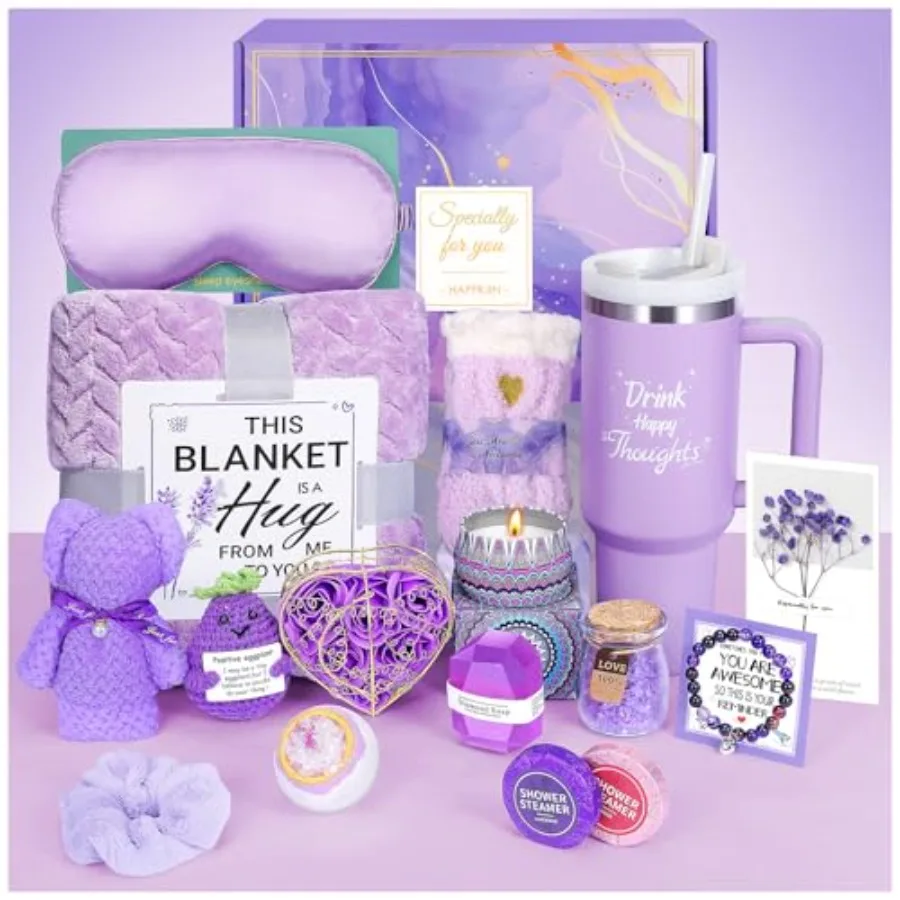 

Birthday Gift for Women Self Care Get Well Soon Gifts Lavender Relaxing Spa Basket Care Package w/ Flannel Blanket 40 oz Tumble