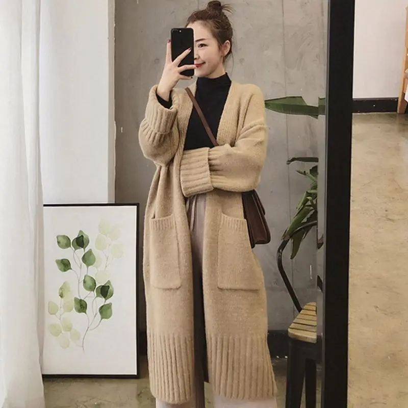 

Thickened Medium-length Knitted Cardigan Sweater For Women Loose-fit V-neck Style Sweater Jacket Trendy Autumn/winter Overcoat