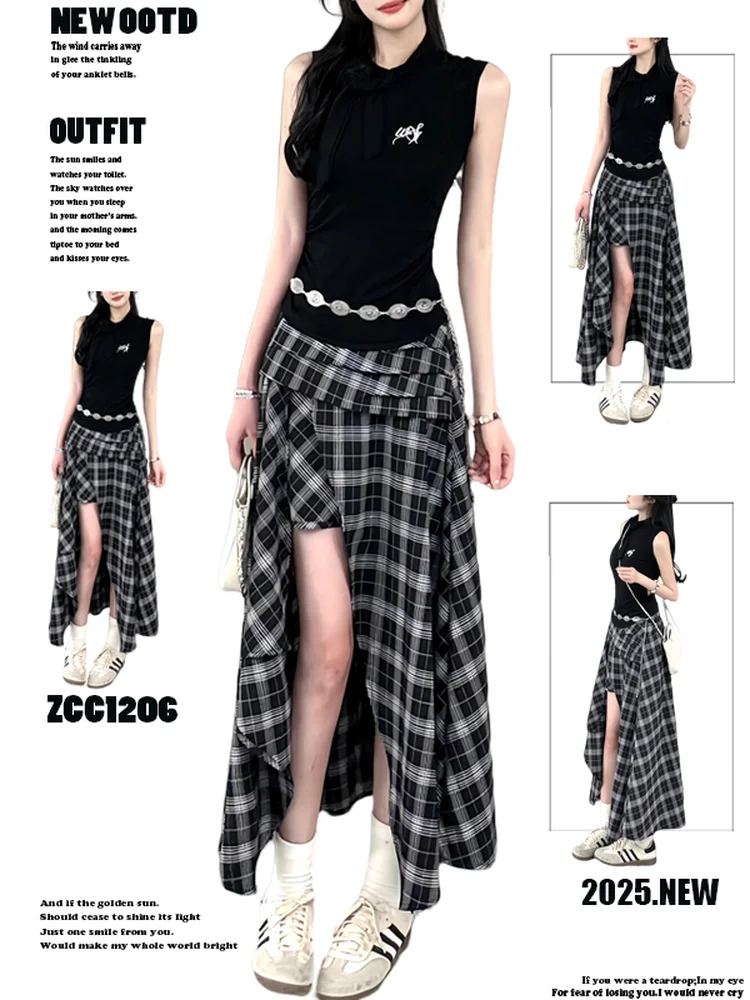 American Retro Plaid Asymmetrical High Waist Loose Slimming Long Skirt Women's Summer New Style Casual Straight Cut Skirt