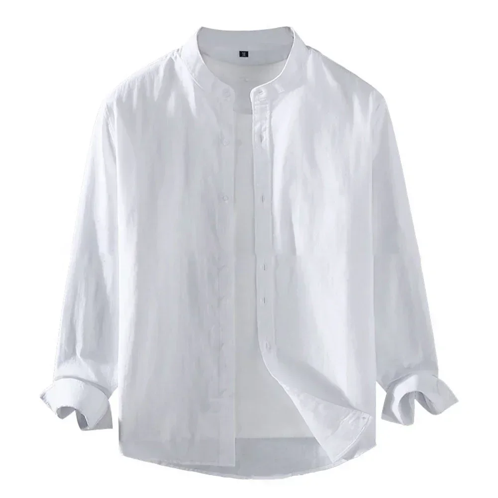 Mens Linen Shirt Stand Collar Long Sleeve Henley White Black Soft Comfortable Simple Spring Summer Men\'s Shirt Solid Color