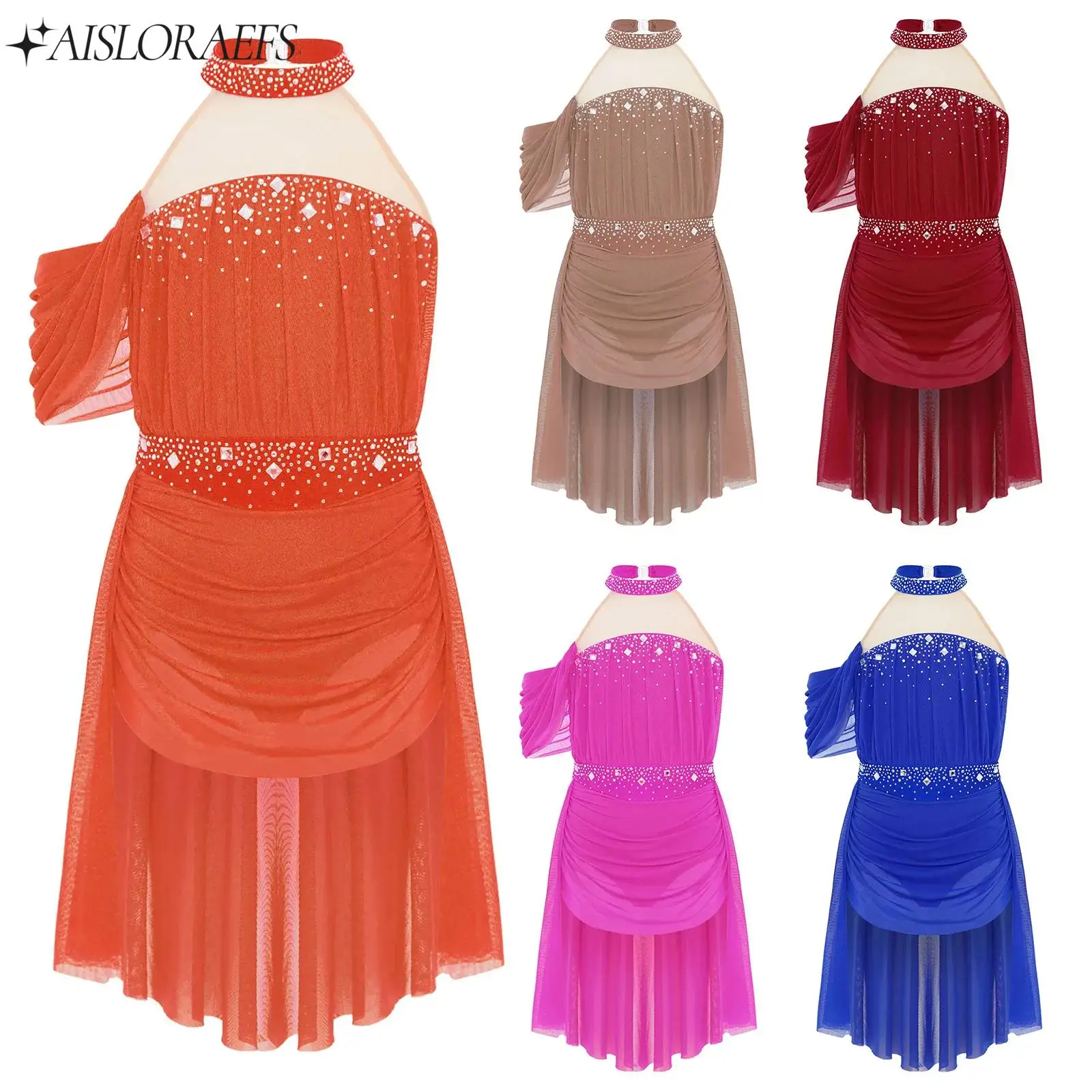 

Kid Girl Ballet Lyrical Modern Dance Dress Halter Backless Cutout Back Rhinestones Ruched Mesh Drape Dress Skating Dance Clothes
