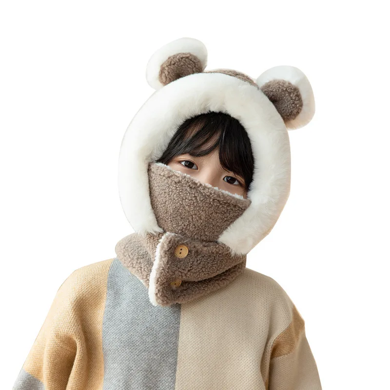 New Children\'s Hat Cartoon Bear Ear Flags Pullover Cap for Boys and Girls\' Baby Winter Hats Scarf Kids Plush Warm Cute Fur Cap