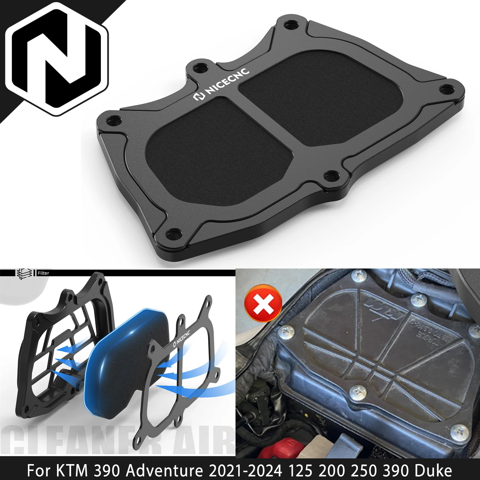 NICECNC Air Filter Box Cover Kit For KTM 390 Adventure 2021-2024 125 200 250 390 Duke 17-23 Husqvarna SVARTPILEN VITPILEN 401