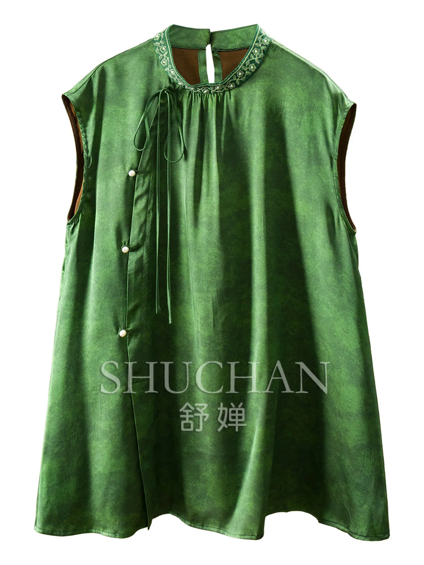 Noble Emerald Blouse Improved New Chinese Silk Elastic Satin Diagonal Placket Strap-up Shirt Women's 77L1
