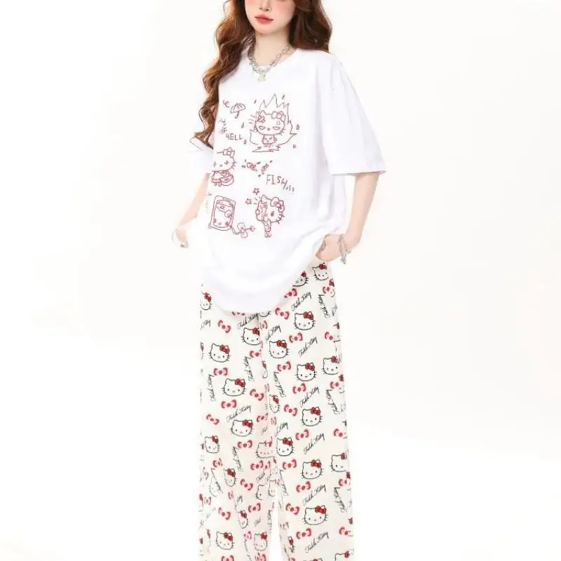 Sanriohello Kitty Cute Kt Cat Print Short-Sleeved T-Shirt for Women In Summer New Sweet Cool Loose Lazy Style T-Shirt Top Ins