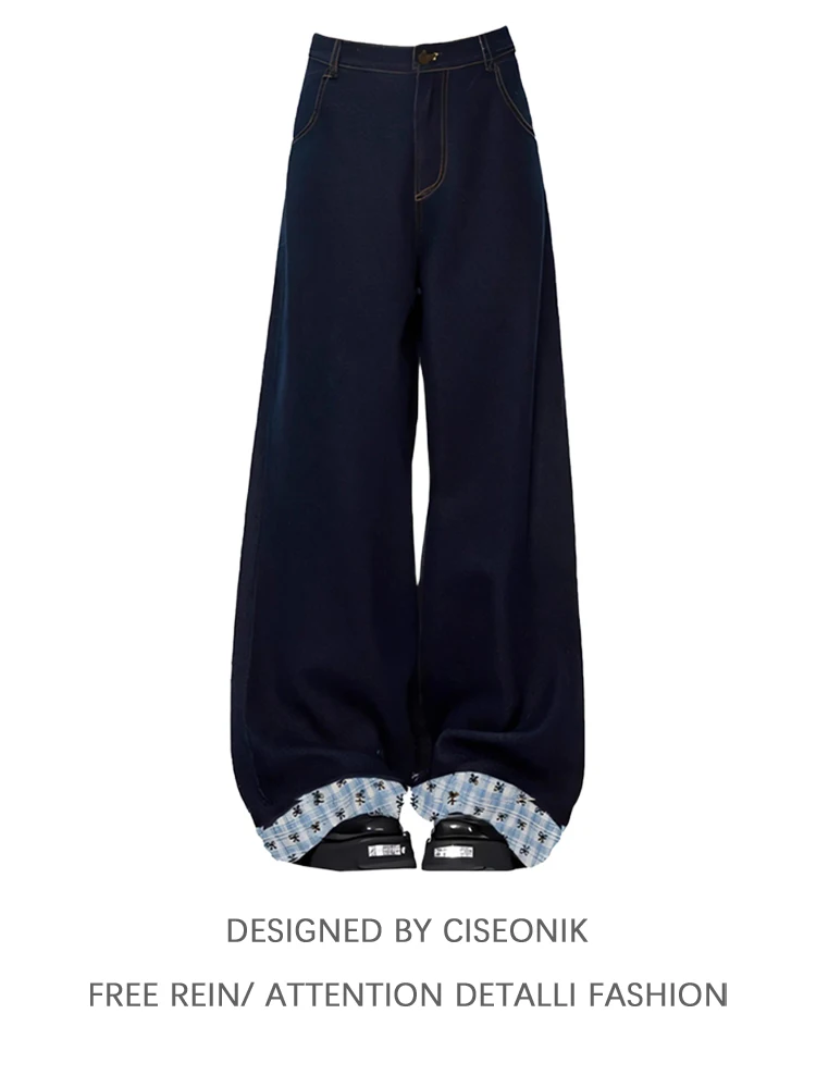

plus Size American Retro Cuffed Denim Jeans Women's Autumn Winter Fleece Wide Leg Loose Straight Cut Design Sense Pants