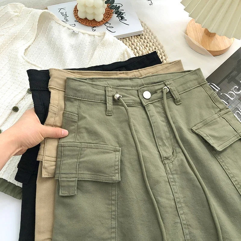 Skirts for Women Vintage Streetwear Pockets Summer Trendy High Waist Y2k Drawstring Design Retro Cargo Style Mini Casual Female