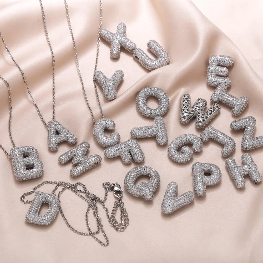 FLOLA Silver Color Bubble Letter Necklaces for Women Crystal Custom Name Initial Necklace Birthday Jewelry Gifts nkep22