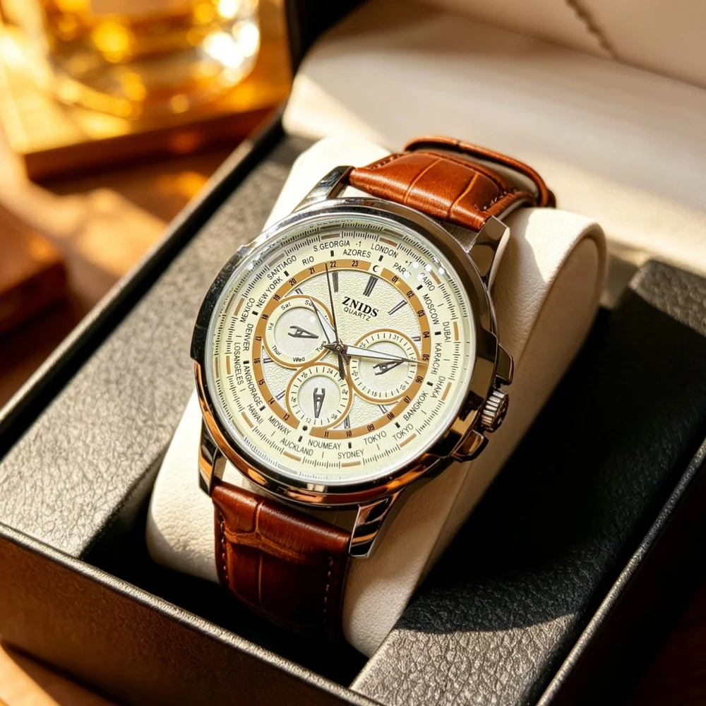Men's High-End Business Quartz Watch, Classic Leather Waterproof Wristwatch, Men's Light Luxury Versatile Commuter Watch, Trendy Large Dial Business Casual Men's Watch, Accurate Timekeeping, High-End Holiday Gift for Boyfriend, Hot-Selling Item