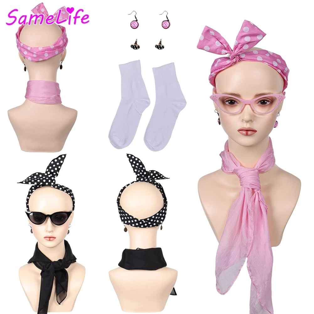 Diadema, Gafas, Pendientes y Pañuelo de los Pink Ladies de la Película Grease de los años 50, Accesorios de Disfraz de Cosplay para Mujer, Accesorios Retro para Disfraces de Dama