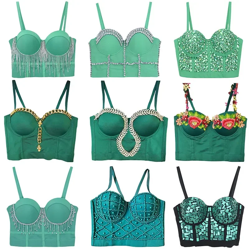 Zielony top Y2K 2026, nowy letni seksowny gorsetowy crop top na wieczorne imprezy i do klubu, uroczy, casualowy, dopasowany top na ramiączkach dla kobiet w stylu high street.