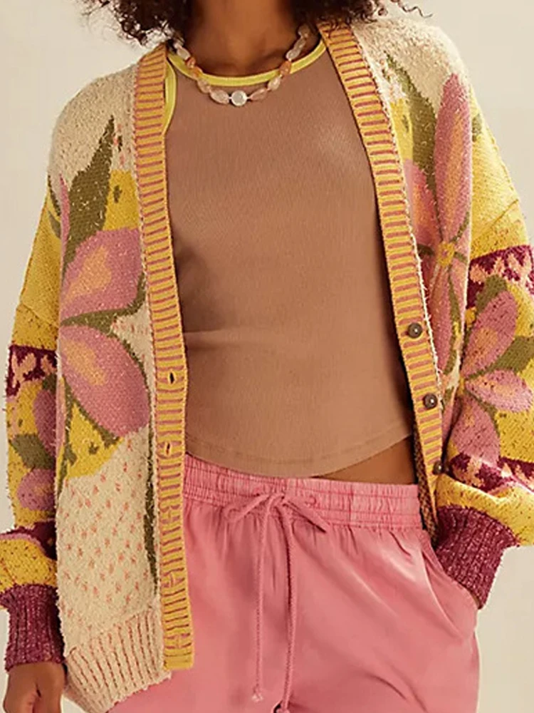 

Elegant Print Street Sweater Autumn Fashion Single breasted Cardigan Coats Women's Caual Long Sleeve Loose Short Knitted Jacket