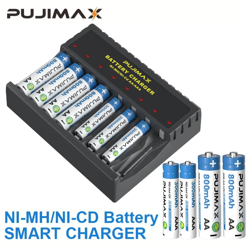 PUJIMAX 8-Slot-Akkuladegerät mit LED-Anzeige, USB-Ausgang für 1,2 V Ni-MH AAA/AA-Akku, intelligentes Schnellladewerkzeug