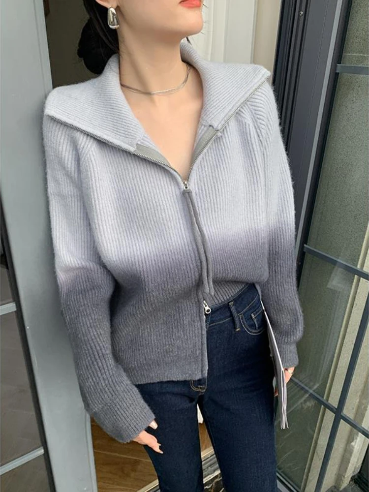 Vintage Gradient Color Knitted Cardigan Women 2023 Autumn Winter Korean Double Zipper Turn-Down Collar Loose Casual Sweater Coat