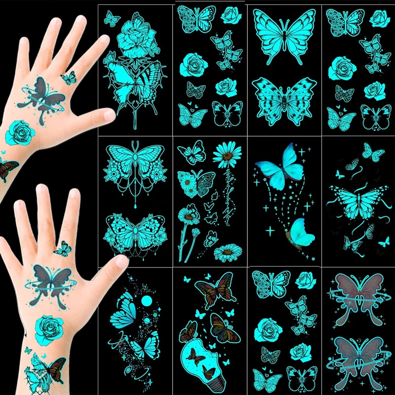 Glow in The Dark Butterfly Tattoo Safe and Easy To Use Neon Butterfly Temporary Tattoos Butterfly Glow Tattoos Glow Party Makeup