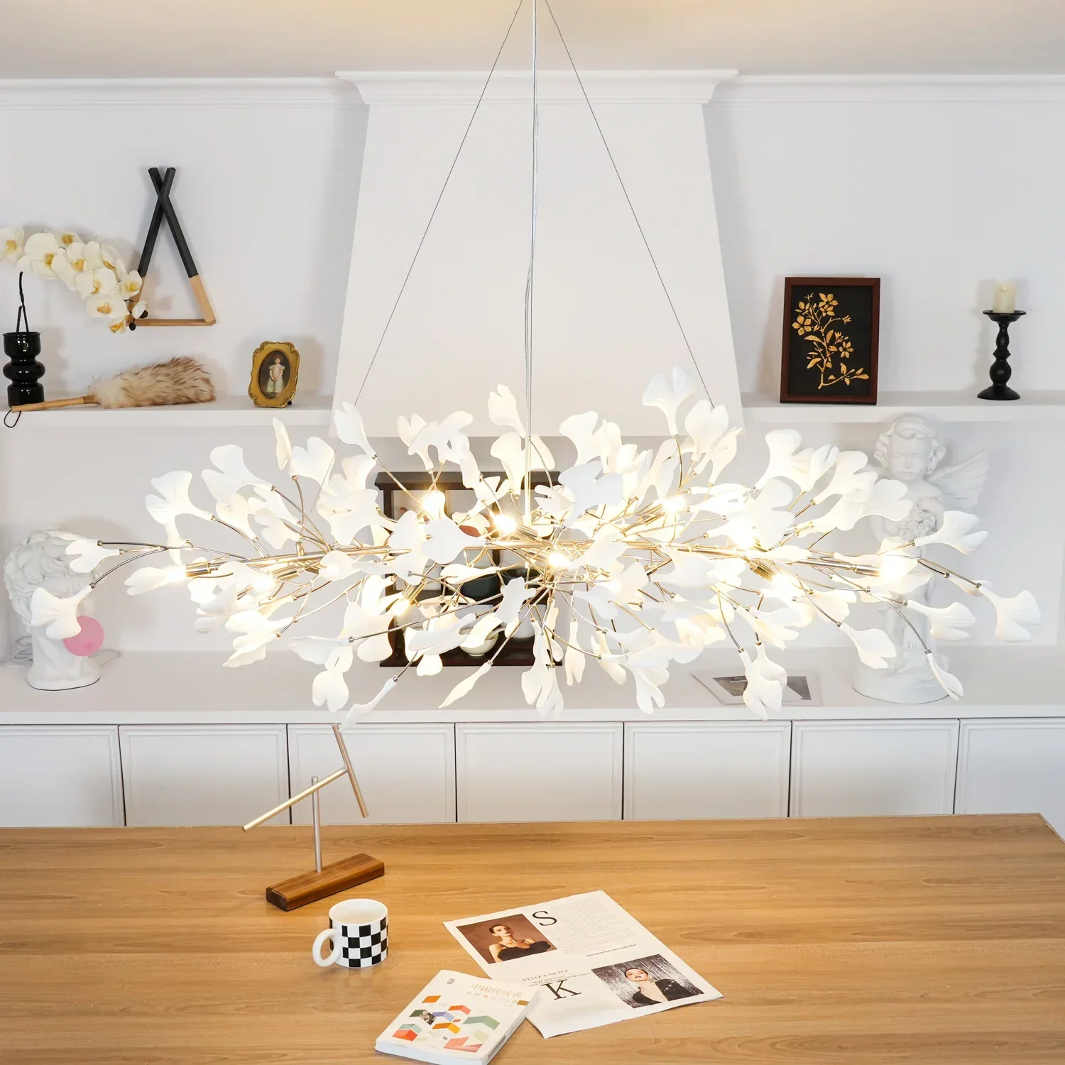 Modern chrome Ceiling Light 2026 Designer Rectangular Luster Branches Ceramic leaves Chandelier