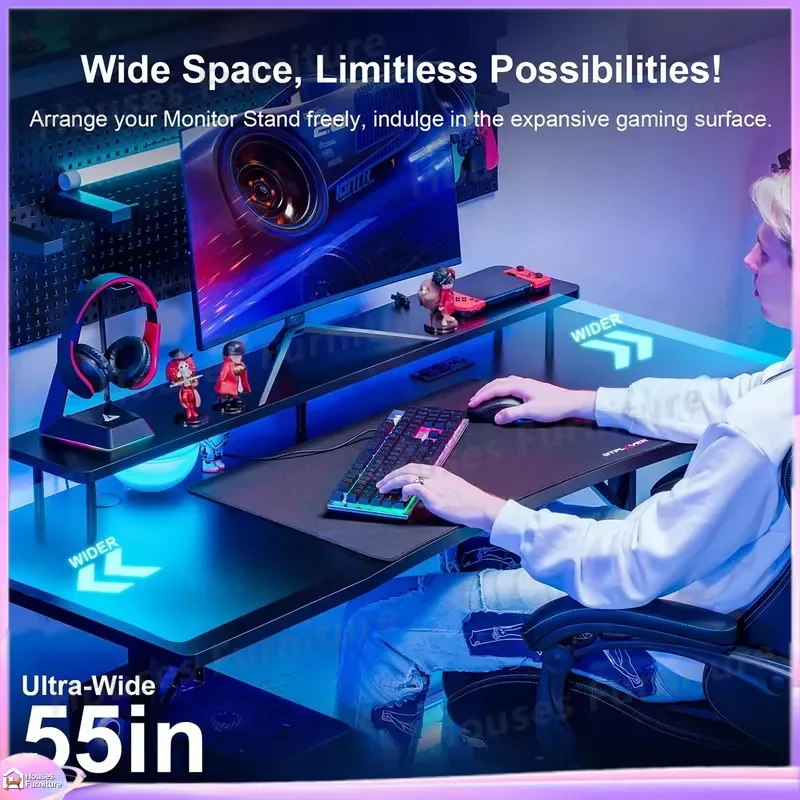 Modern LED Gaming Desk 55 Inch with Built-in Power Outlet RGB Light PC Desk for Computer Monitor Stand Easy Assembly Home