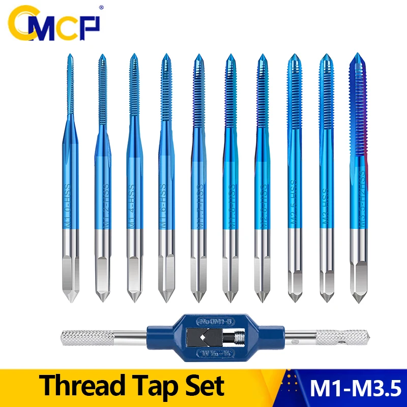 CMCP 10-teiliges Gewindebohrer-Set M1-M3,5 metrisches HSS-Maschinengewinde-Steckergewindebohrer mit verstellbarem Windeisen, Handgewindeschneidwerkzeuge