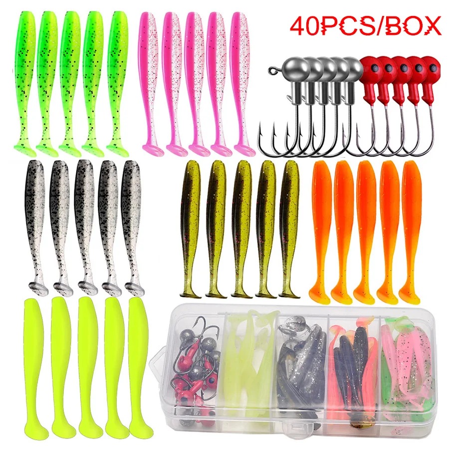 

40pcs/Box Wobbler For Pike Bass Fishing Lures T-Tail Jig Head Artificial Bait Set Soft Worms Carp Drop Shot Handmade Swimbait