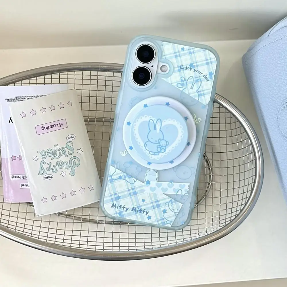 Miffy coelho caso de telefone kawaii azul xadrez miffy dos desenhos animados caso de telefone adequado para iphone 16 dos desenhos animados coelho urso titular