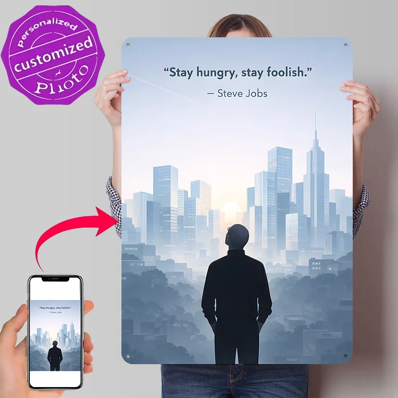 Steve Jobs Quote Over Cityscape 3D Texture Printed Poster Custom Vintage Metal Tin Plate Sign for Wall Art Decor Luxury Home
