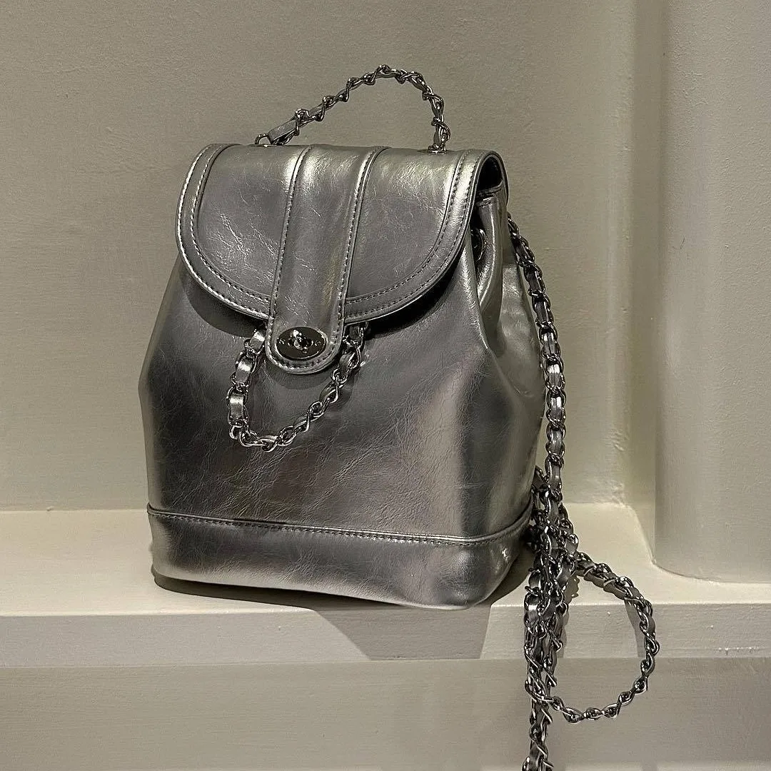 Korean ins cardinal red bag genuine cowhide high-end chain style lightweight backpack