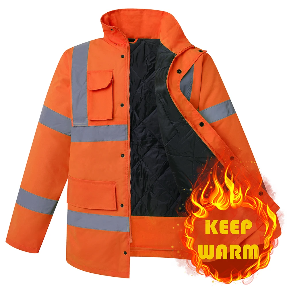 Jaket Parka Pria Baju Dewasa Musim Dingin Hangat Mantel Reflektif Jaket Kerja Hi Vis dengan Jaket Tahan Air Multi Saku Pria