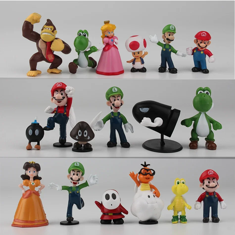 6Pcs/Set 4-7cm Super Mario Bros PVC Action Figure Toys Dolls Model Set Luigi Yoshi Donkey Kong Mushroom for Kids Birthday Gifts