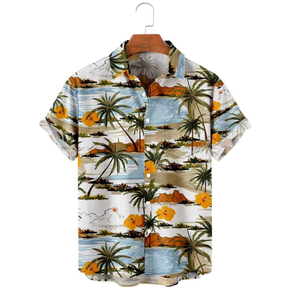 Vintage Hawaiian Coconut Tree Pattern Men's Short Sleeve Lapel Shirt, Summer Beach Vacation