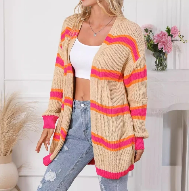 Color blocking knitted cardigan sweater, women's mid to long striped single breasted jacket