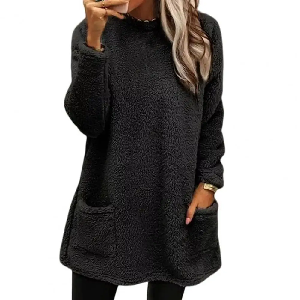 Stylish Fleece Shearling Women Jacket with Pocket Mid-length Thickened Flannel Sweater Winter Outwear Loose Lady Casual Hoodie