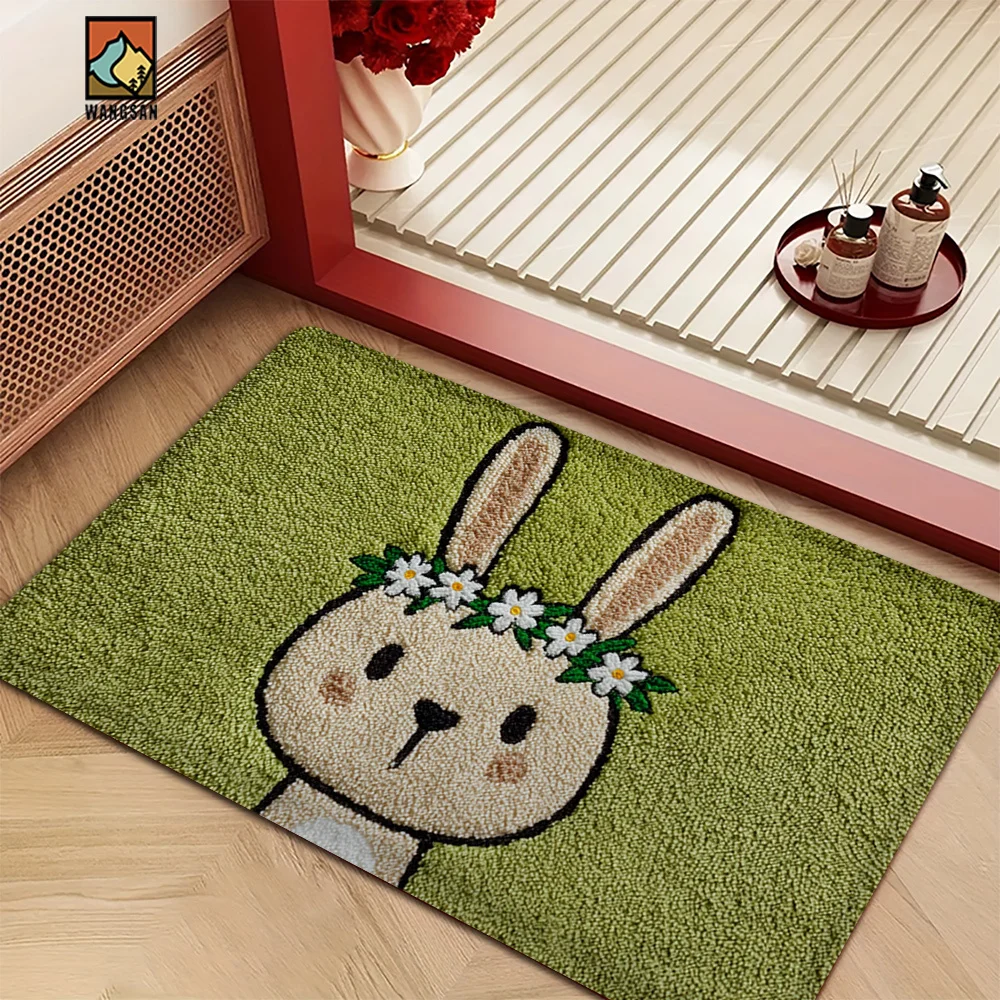 2D Flat Cute Rabbit Wearing Daisy Flower Crown Green Grass Texture Flannel Bath Mat Non Slip Easter Spring Rug For Bathroom