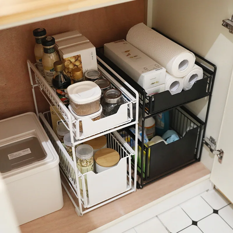 Under The Kitchen Sink Storage Rack Drawer Type Can Be Pushed and Pulled Under The Cabinet Telescopic Double Shelf