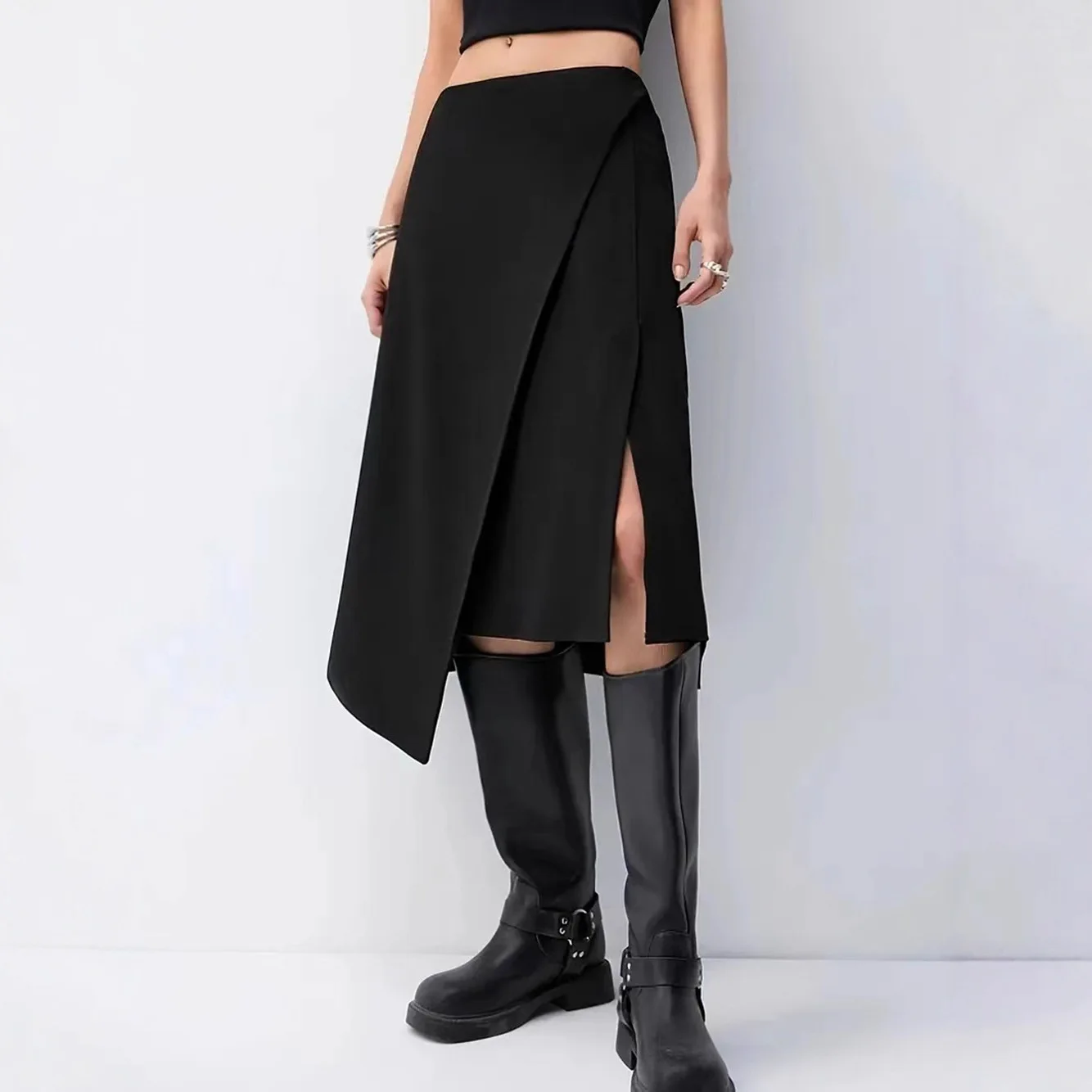 

autumn and winter women high waist irregular split fork skirt black