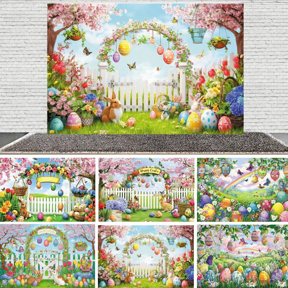 

Spring Easter Colorful Eggs Rabbit Backdrop Garden Nature Scenery Baby Kids Portrait Easter Party Decor Photography Background