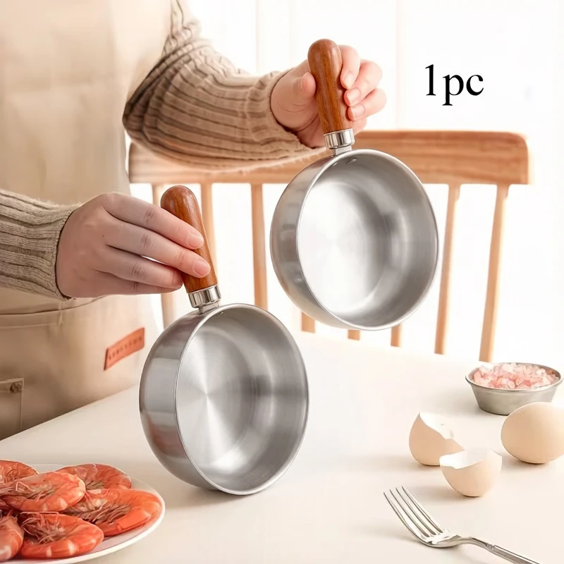 Stainless Steel Milk Pot - Heat Resistant Wooden Handle Induction Pot Mini Saucepan,Even Heat Non-Slip Base Cookware for Kitchen