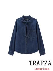 TRAFZA Vintage Casual Chic Denim Women Blouse Bow Long Sleeve O Neck Pocket Single Breasted Blouse New Fashion 2024 Autumn Shirt