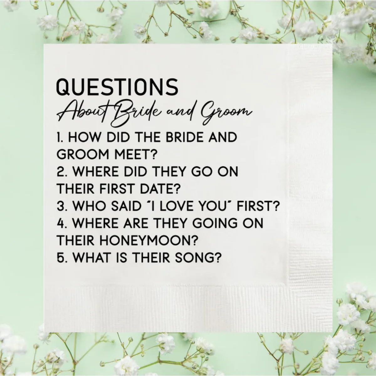 Questions-Answers Bride Groom Custom Napkins, Personalized Two Sides Trivia Facts Wedding Napkins, Anniversary, Rehearsal Dinner