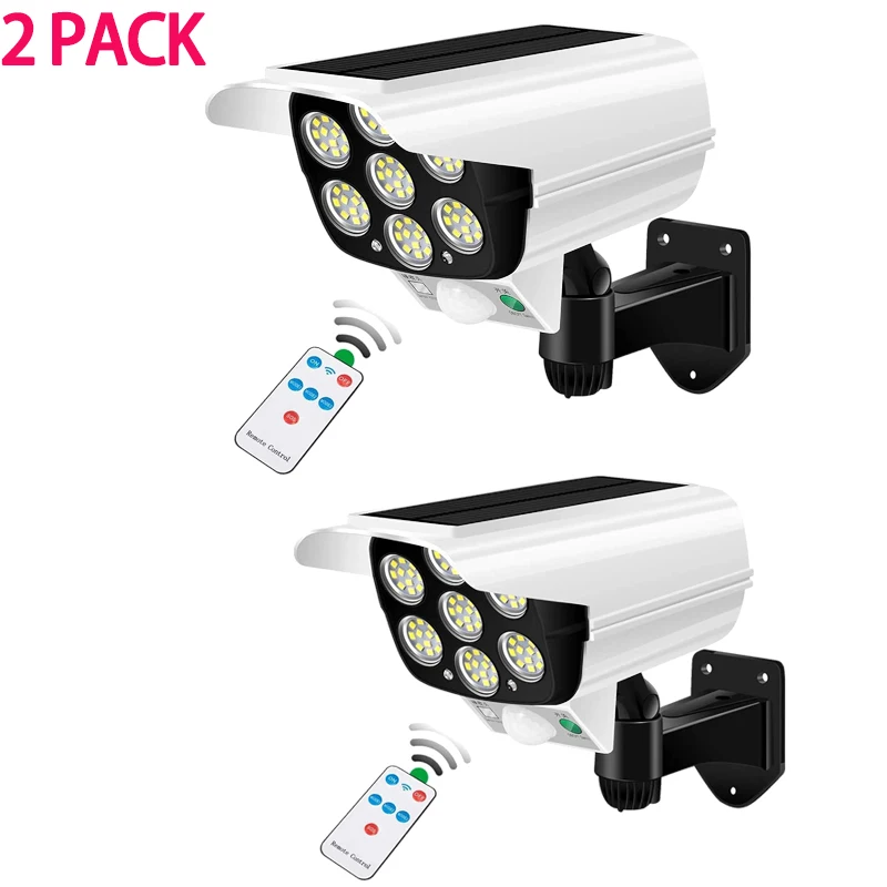 

2 PACK Outdoor Motion Sensor Solar Lights 2000 Lumen 77 LED With Remote Controller Outdoor IP65 Waterproof, Fake Security Camera