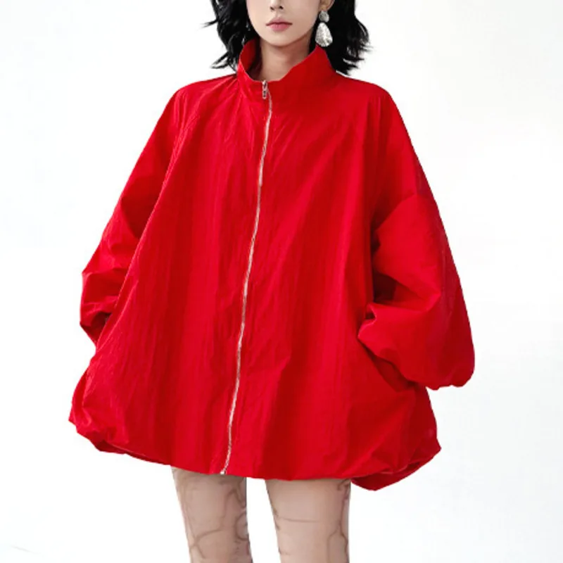 HKSH Frühling Herbst Neue Frauen Jacke Übergroßen Stehkragen Lange Laterne Hülse Zipper Einfarbig Streetwear Trendy Mantel HK12570