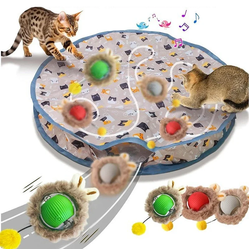 Interactive Cat Toys Ball Fast Rolling in Pouch Hide and Seek Game for Cats Automatic Cat Ball with Play Mat