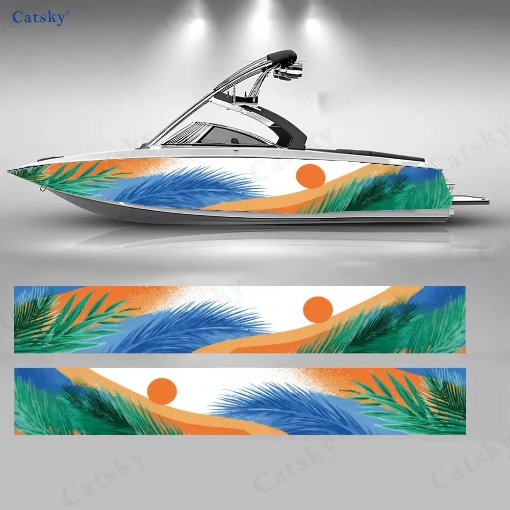 Vacation Style Palm Wave Warm Sun Boat Stickers, PVC Waterproof Vinyl Wrap Decals for Fishing Boats, Durable and Stylish Design