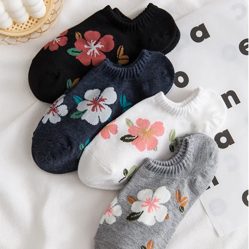 

New Women Flower Print Cotton Invisible Short Ankle Socks Ladies Fashion Trendy Breathable Thin No Show Sock Slippers Boat Socks