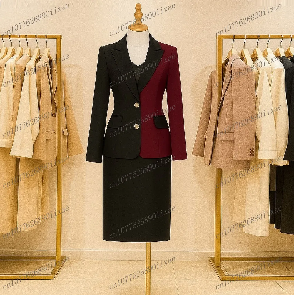 

Black And Burgundy Skirt Women Suits Lady Formal Occasions Business Tuxedos Mother Wedding Party Ladies 2 Piece Set Jacket Skirt