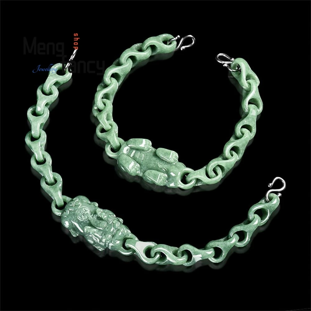 

High-grade Natural A-grade Jadeite Bean Green PI xiu Each link is Interlinked Glutinous Jade Bracelet Exquisite Fashion Jewelry