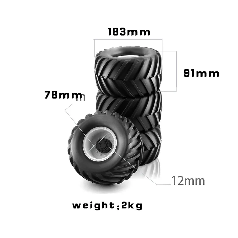 2PCS 1/8 Truck Rubber Tire w/17mm Hex Plastic Wheel Rim 173mm/91mm Rubber Rocks Tyres Set Fit for Traxxas Maxx Tmaxx E-Revo 3.3