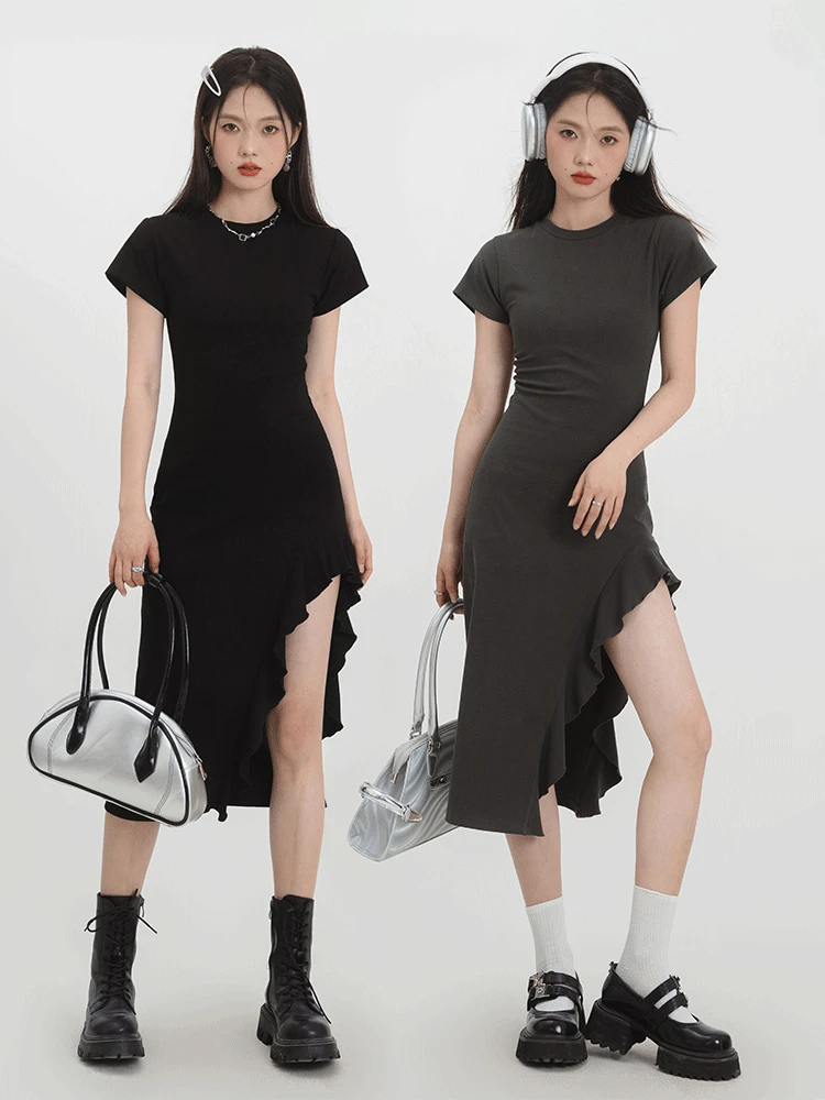 

Summer New Girlish Knitted Cotton Round Neck Dress High Street Irregular Ruffles Edges Sexy Skinny Club Party Trendy Vestidos