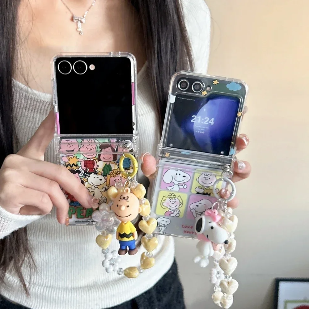 Stand Holder Phone Case For Samsung Galaxy Z Flip 7 6 5 4 3 Cute Cartoon Snoopy Charlie Brown Case Hard TPU Cover With Lanyard