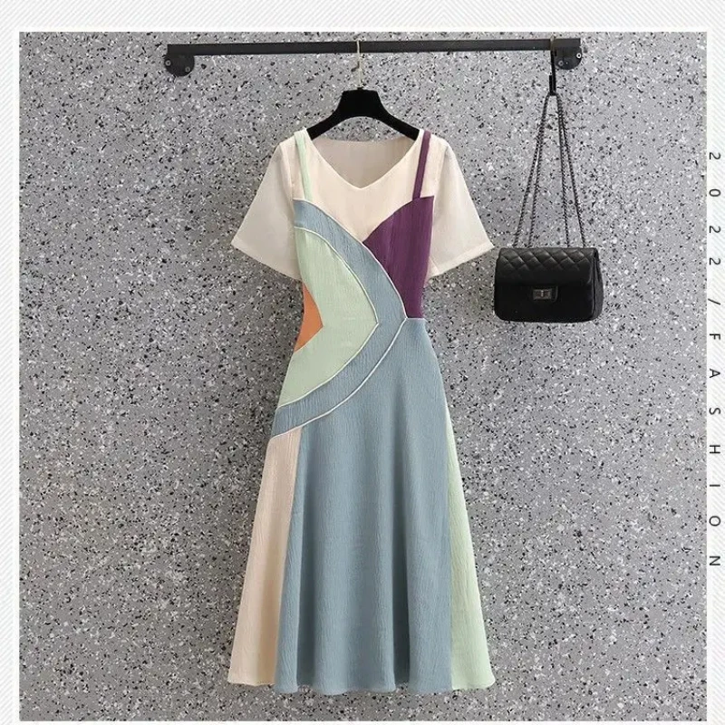 

Round Neck Patchwork Oversized A-line Dress Ladies Short Sleeve Casual Fashion Robe Women's Fake Two Pieces Vestidos E6994