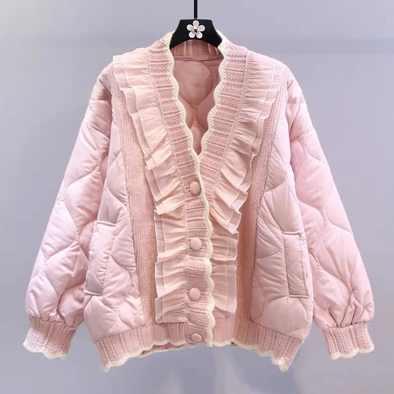 Wooden Fungus Edge Knitted Patchwork Cotton Jacket Women 2024 New Loose Thickened Sweet Pink Parkas